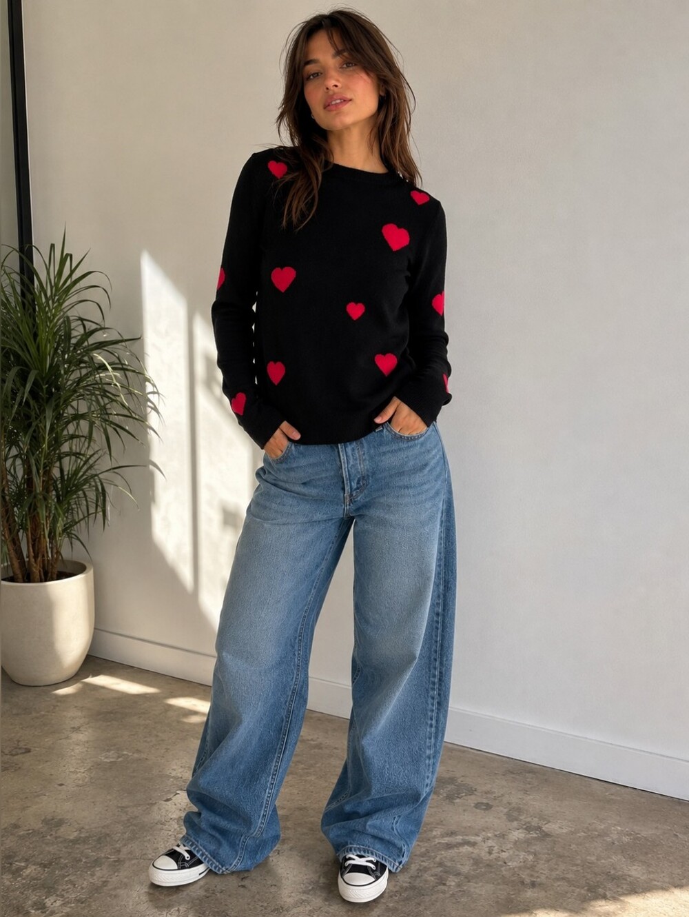Black Sweater with Red Hearts